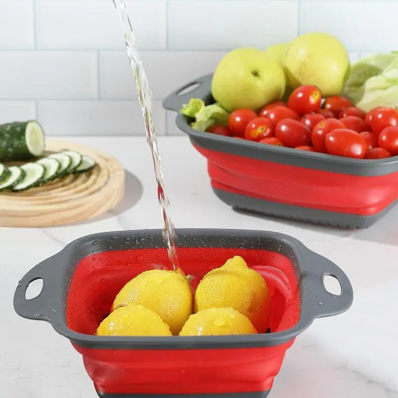 Collapsible Silicone Strainer Set, 2 Count - Modern Portable Colanders for Vegetables and Fruits with Handle