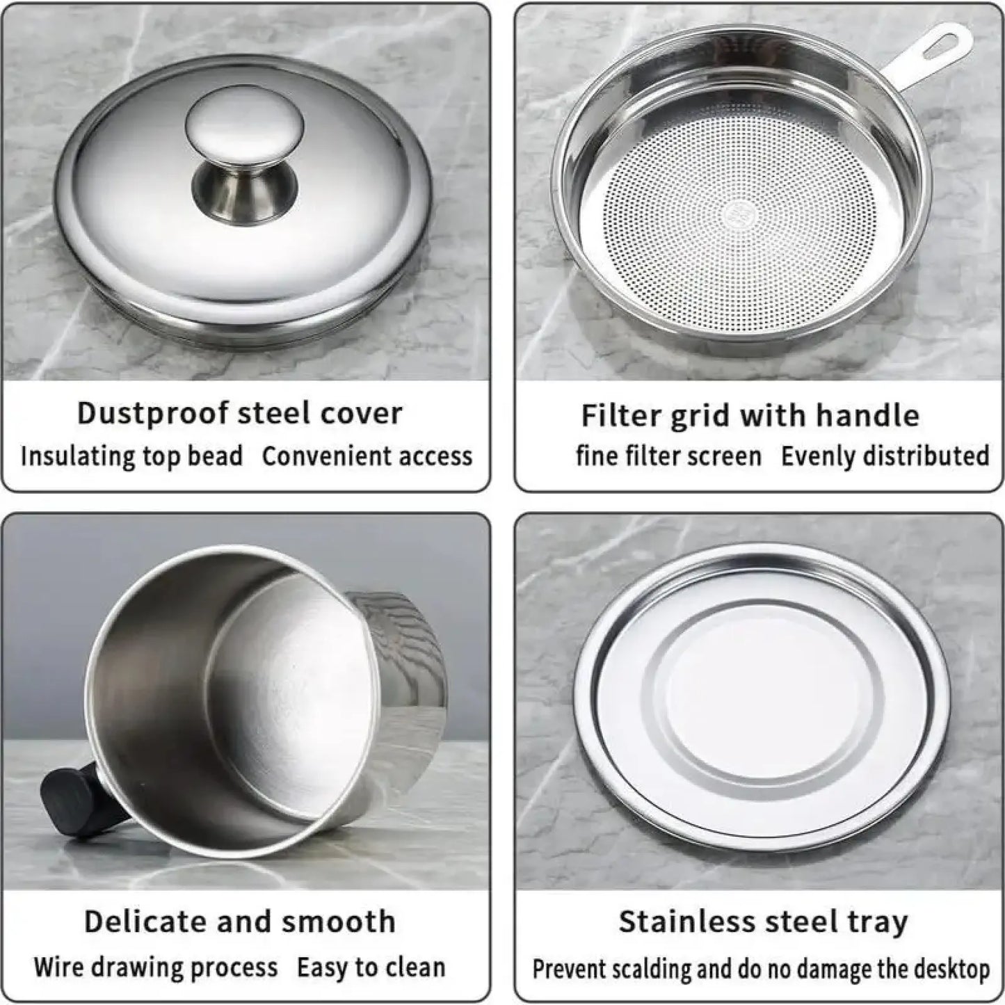 Modern Stainless Steel Oil Dispenser with Tray and Lid, Includes Filter - Versatile Cooking Oil Container for Kitchen Use