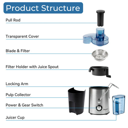 BOYUEVI 800W Centrifugal Fruit Juice Extractor - BPA-Free Juicer with 3" Wide Feed Chute, 30Oz Jug, Easy Clean Design, Auto-Cut Off Feature, No Pre-Cutting Required, Quick Fresh Juice Production