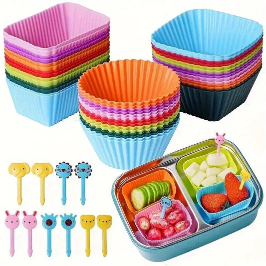 Silicone Muffin Cups and Fruit Forks Set - 40 Pieces, Food Grade, Durable and Reusable Baking Tools for Meal Prep, Home, Parties, Camping, and Picnics (Box Not Included), Assorted Colors