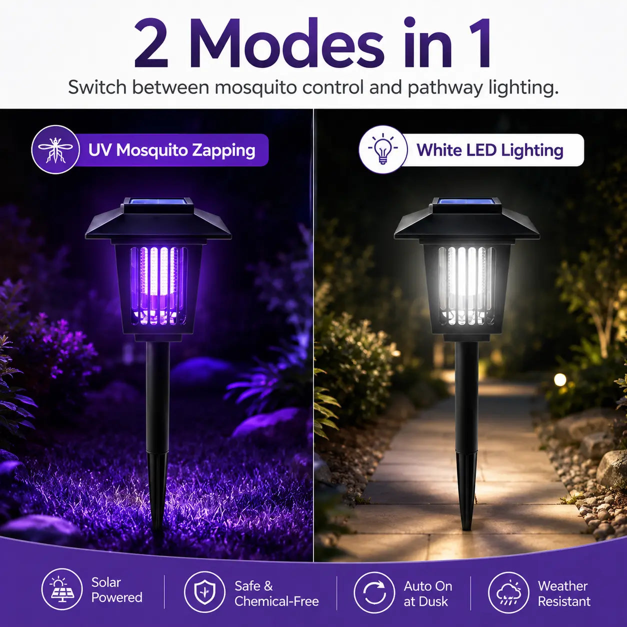 Solar-Powered Mosquito Zapper Light - Outdoor Garden Stake Lamp with UV Insect Control and Pathway Lighting, Weather-Resistant, Easy to Install, Available in Round and Square Designs