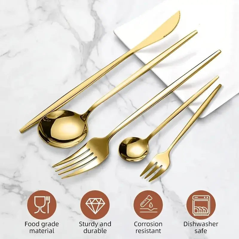 30-Piece Mirror-Polished Stainless Steel Gold Cutlery Set, Includes Dinner Knives, Spoons, Forks, Teaspoons, and Tea Forks, Durable and Dishwasher Safe