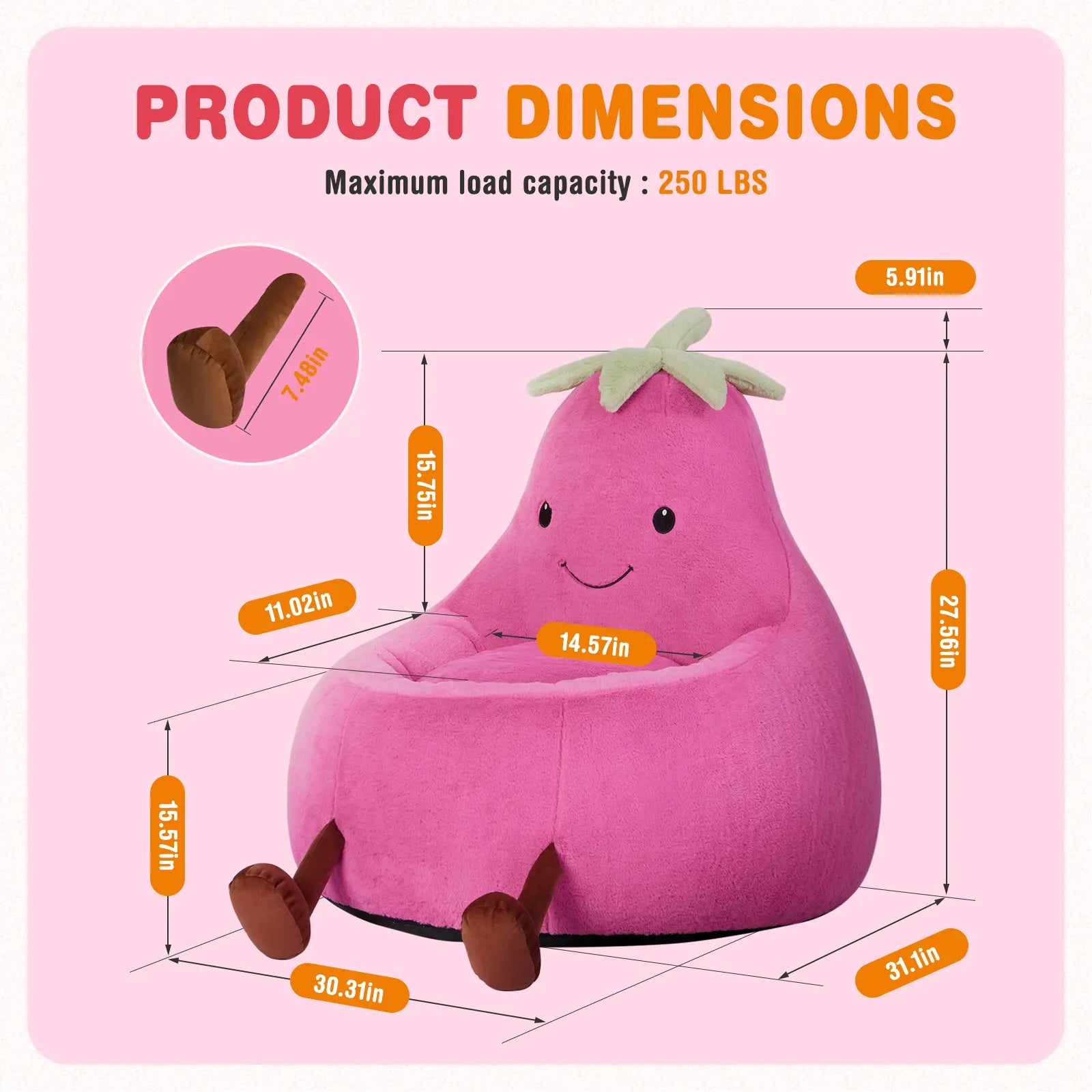 Modern Beanbag Chair for Toddlers, 24-31 Inch Padded Sofa with High Rebound Memory Foam, Beige-Purple Eggplant Design, Perfect for Reading and Gaming