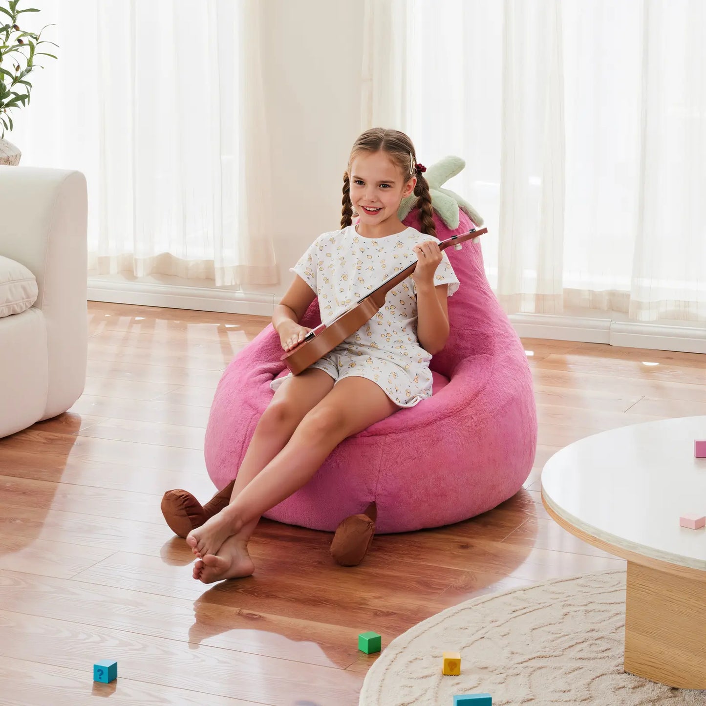 Modern Beanbag Chair for Toddlers, 24-31 Inch Padded Sofa with High Rebound Memory Foam, Beige-Purple Eggplant Design, Perfect for Reading and Gaming