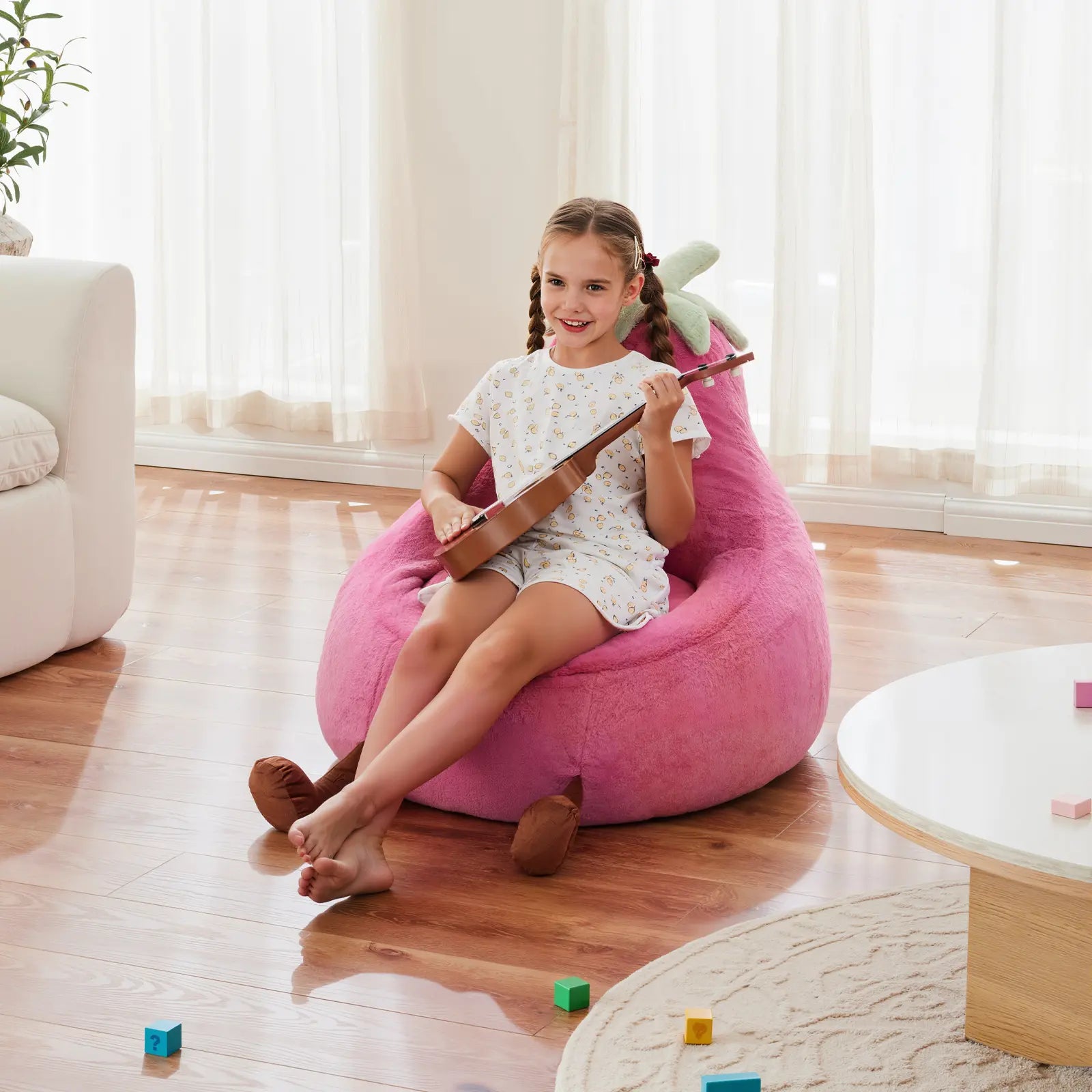 Modern Beanbag Chair for Toddlers, 24-31 Inch Padded Sofa with High Rebound Memory Foam, Beige-Purple Eggplant Design, Perfect for Reading and Gaming