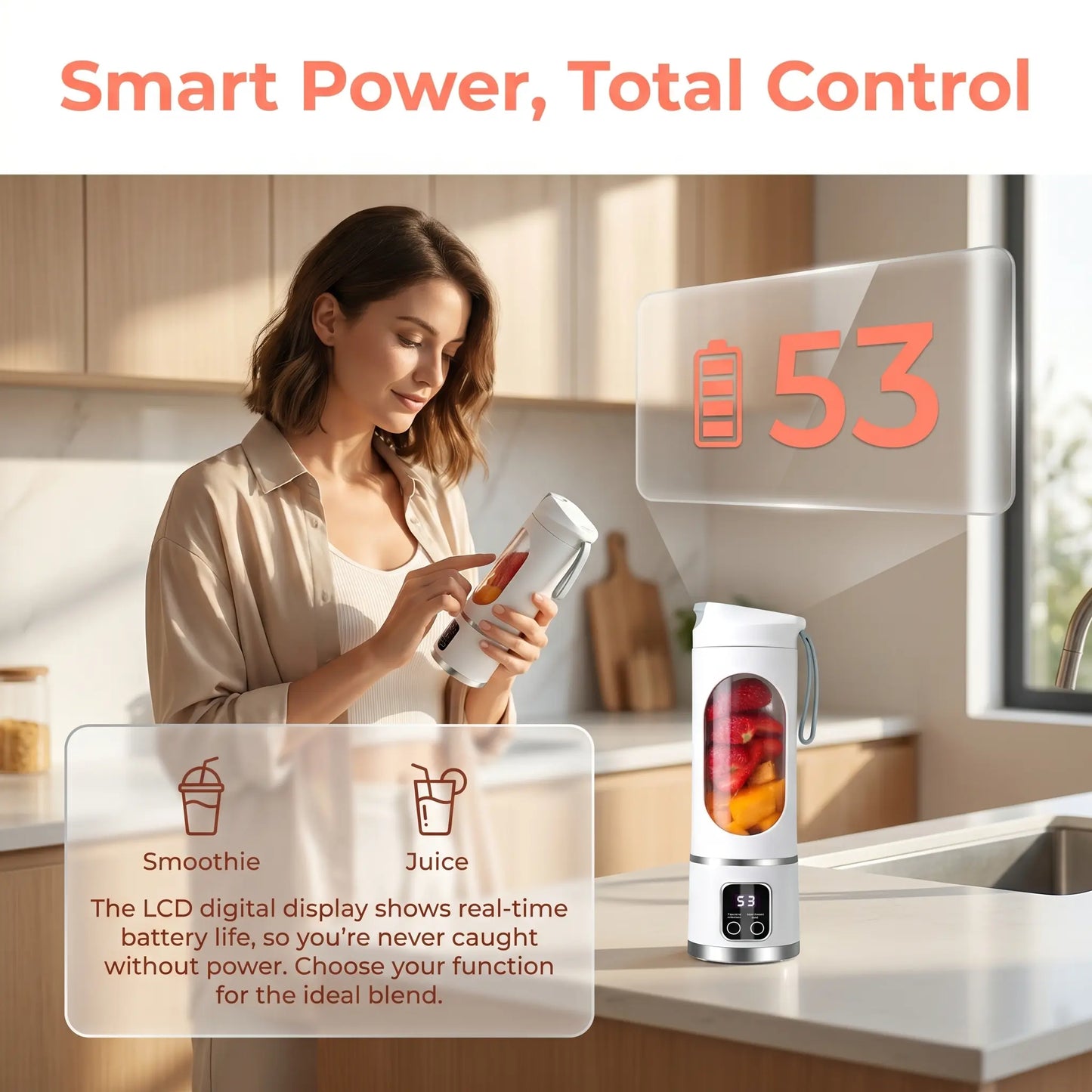 Portable 15.22 Oz USB Rechargeable Personal Blender with LED Display, Durable ABS Material, Ideal for Smoothies and Juices, Essential Kitchen Appliance