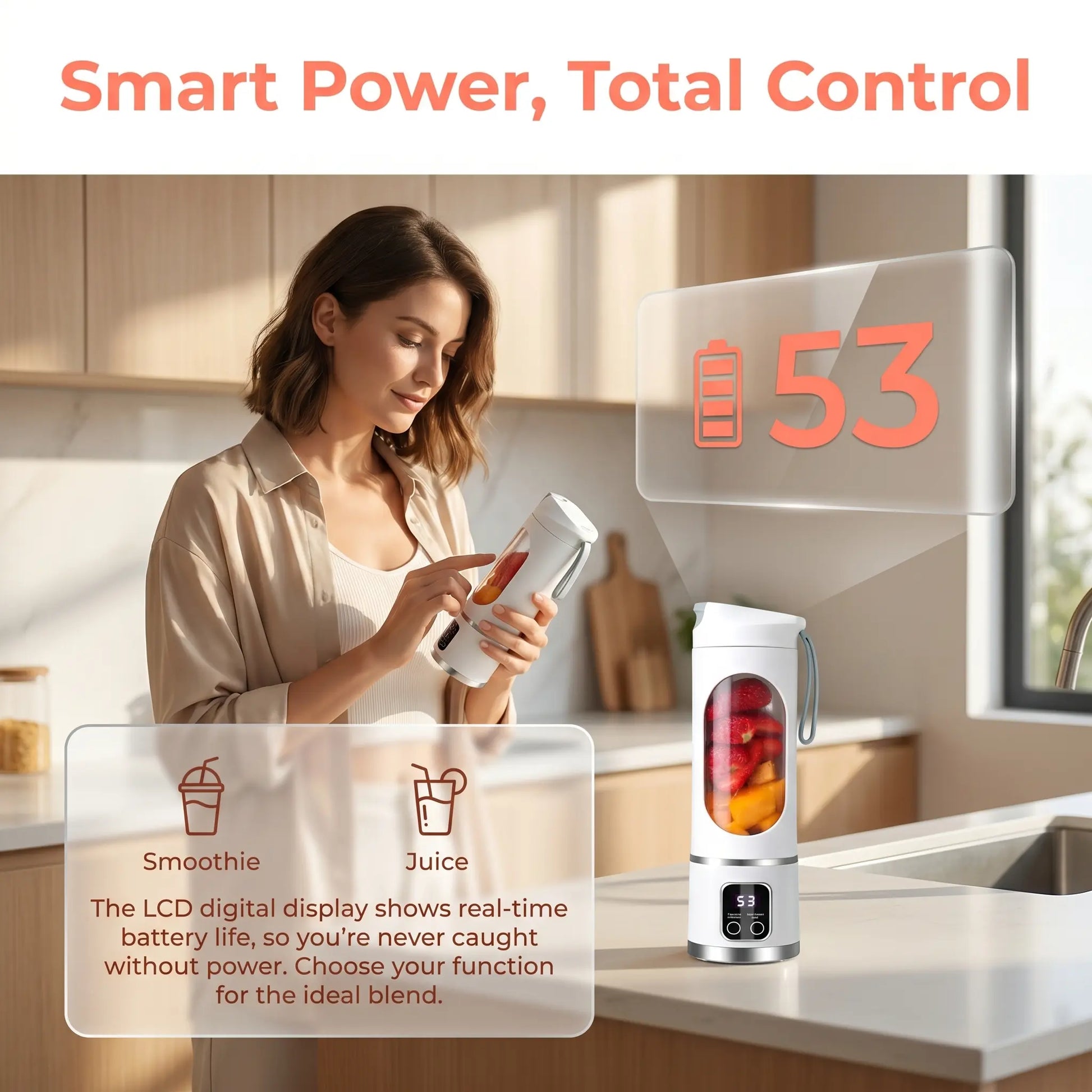 Portable 15.22 Oz USB Rechargeable Personal Blender with LED Display, Durable ABS Material, Ideal for Smoothies and Juices, Essential Kitchen Appliance