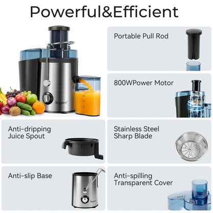 BOYUEVI 800W Centrifugal Fruit Juice Extractor - BPA-Free Juicer with 3" Wide Feed Chute, 30Oz Jug, Easy Clean Design, Auto-Cut Off Feature, No Pre-Cutting Required, Quick Fresh Juice Production