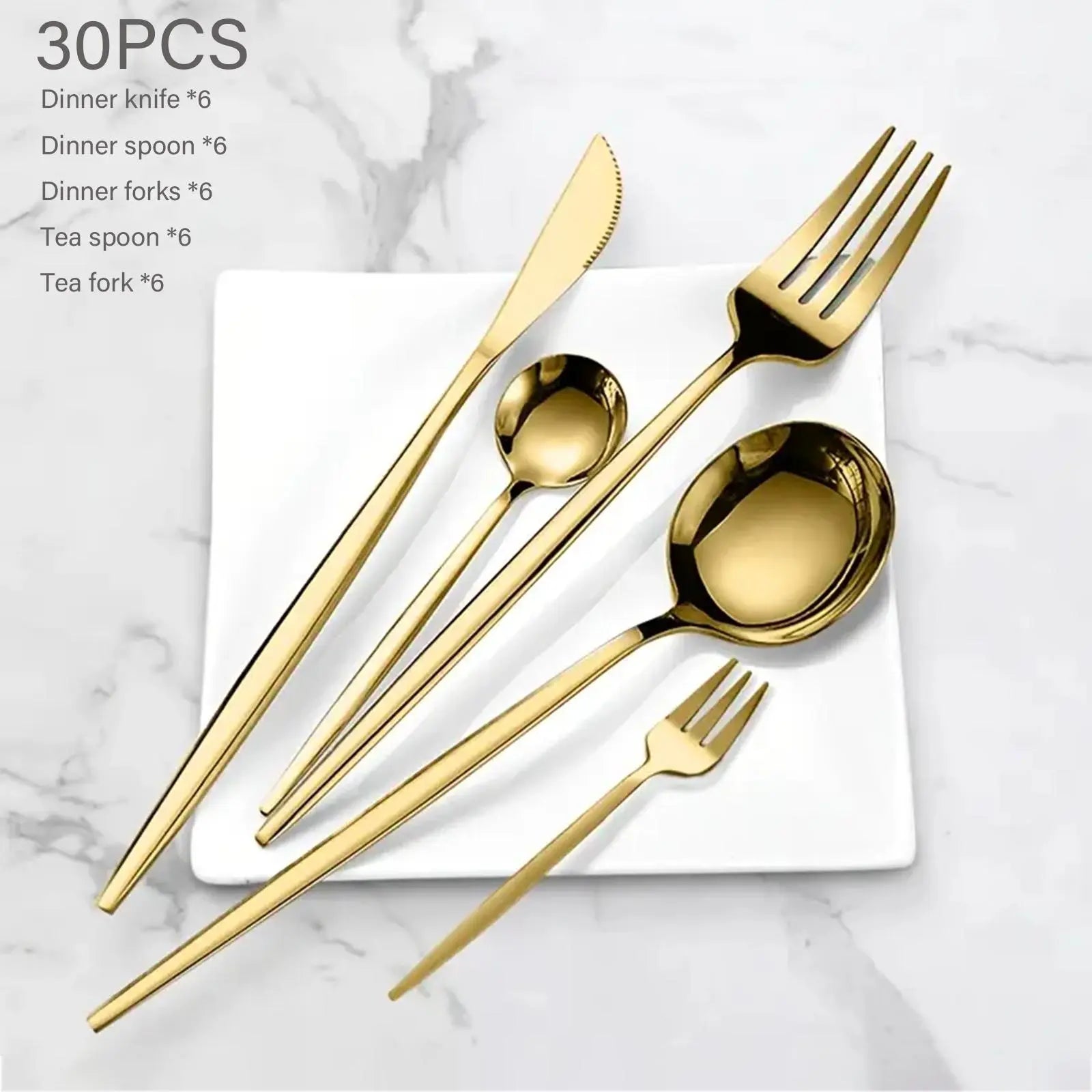 30-Piece Mirror-Polished Stainless Steel Gold Cutlery Set, Includes Dinner Knives, Spoons, Forks, Teaspoons, and Tea Forks, Durable and Dishwasher Safe