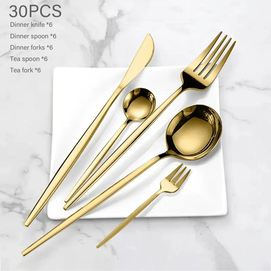 30-Piece Mirror-Polished Stainless Steel Gold Cutlery Set, Includes Dinner Knives, Spoons, Forks, Teaspoons, and Tea Forks, Durable and Dishwasher Safe