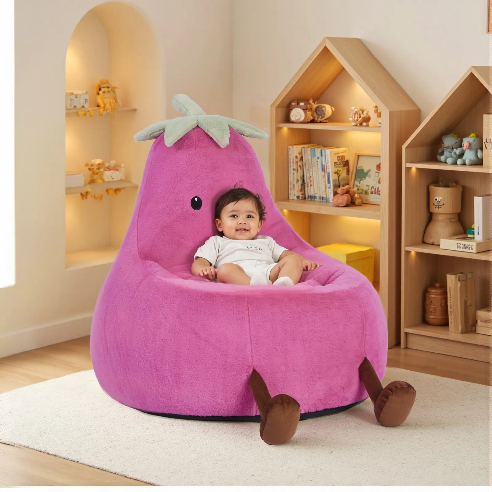Modern Beanbag Chair for Toddlers, 24-31 Inch Padded Sofa with High Rebound Memory Foam, Beige-Purple Eggplant Design, Perfect for Reading and Gaming