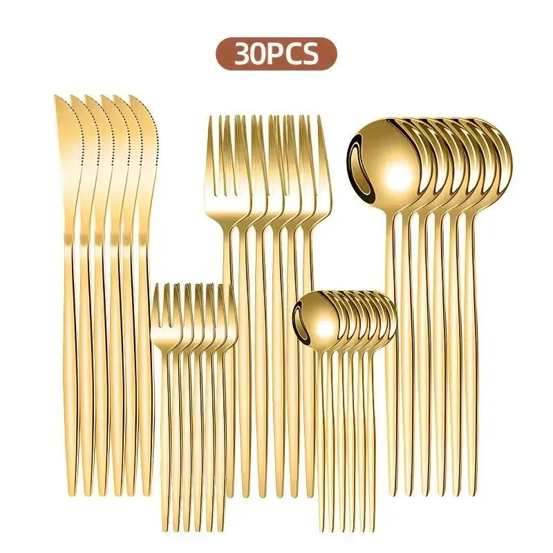 30-Piece Mirror-Polished Stainless Steel Gold Cutlery Set, Includes Dinner Knives, Spoons, Forks, Teaspoons, and Tea Forks, Durable and Dishwasher Safe