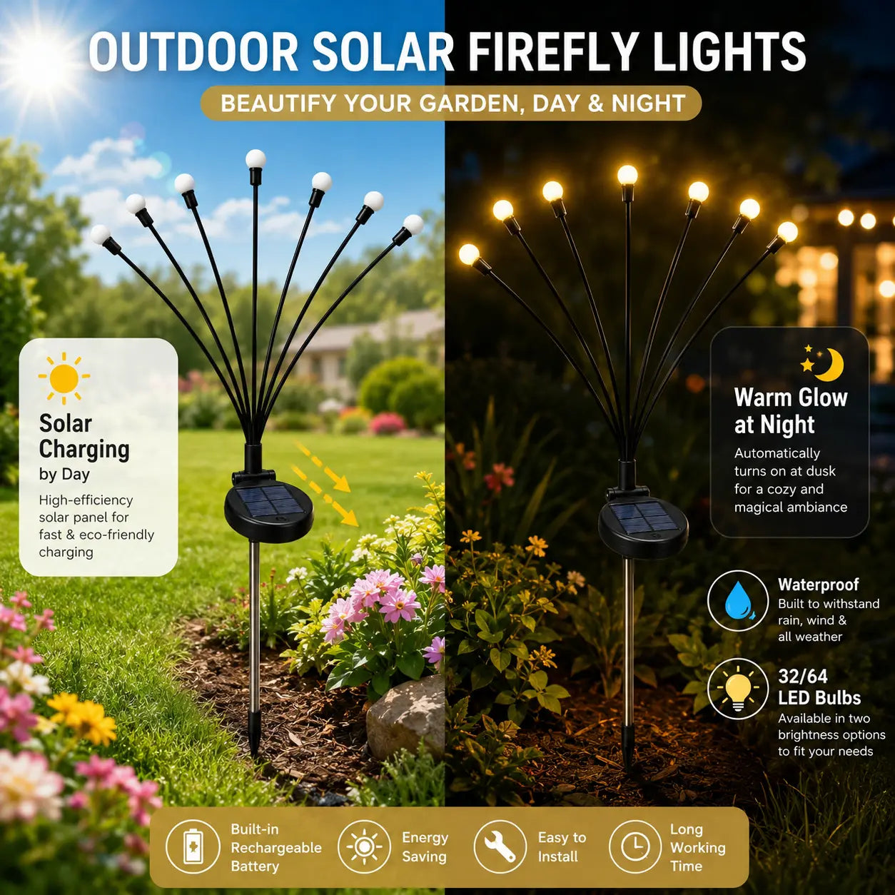 Outdoor Solar LED Firefly Lights - Waterproof Garden Stake Decorative Lamps with Auto Dusk-to-Dawn Functionality, Available in 4 or 8 Pack, Ideal for Curb Appeal, Whimsical Decor, Mood Lighting, Pathway Illumination, Home and Camping Essentials