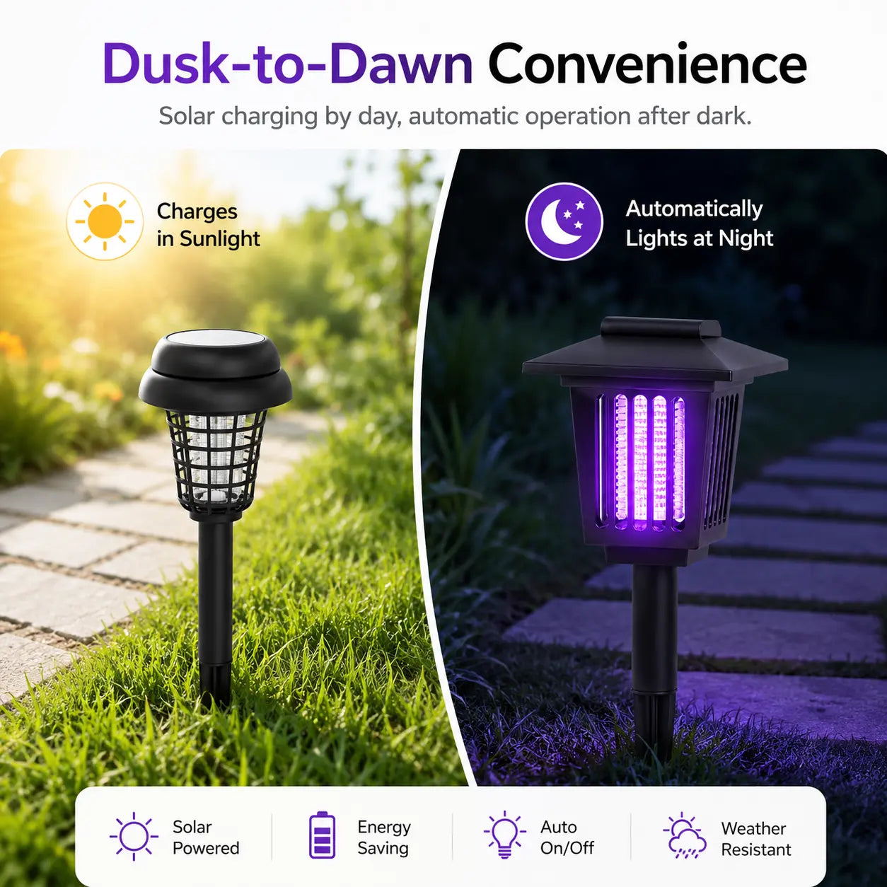 Solar-Powered Mosquito Zapper Light - Outdoor Garden Stake Lamp with UV Insect Control and Pathway Lighting, Weather-Resistant, Easy to Install, Available in Round and Square Designs