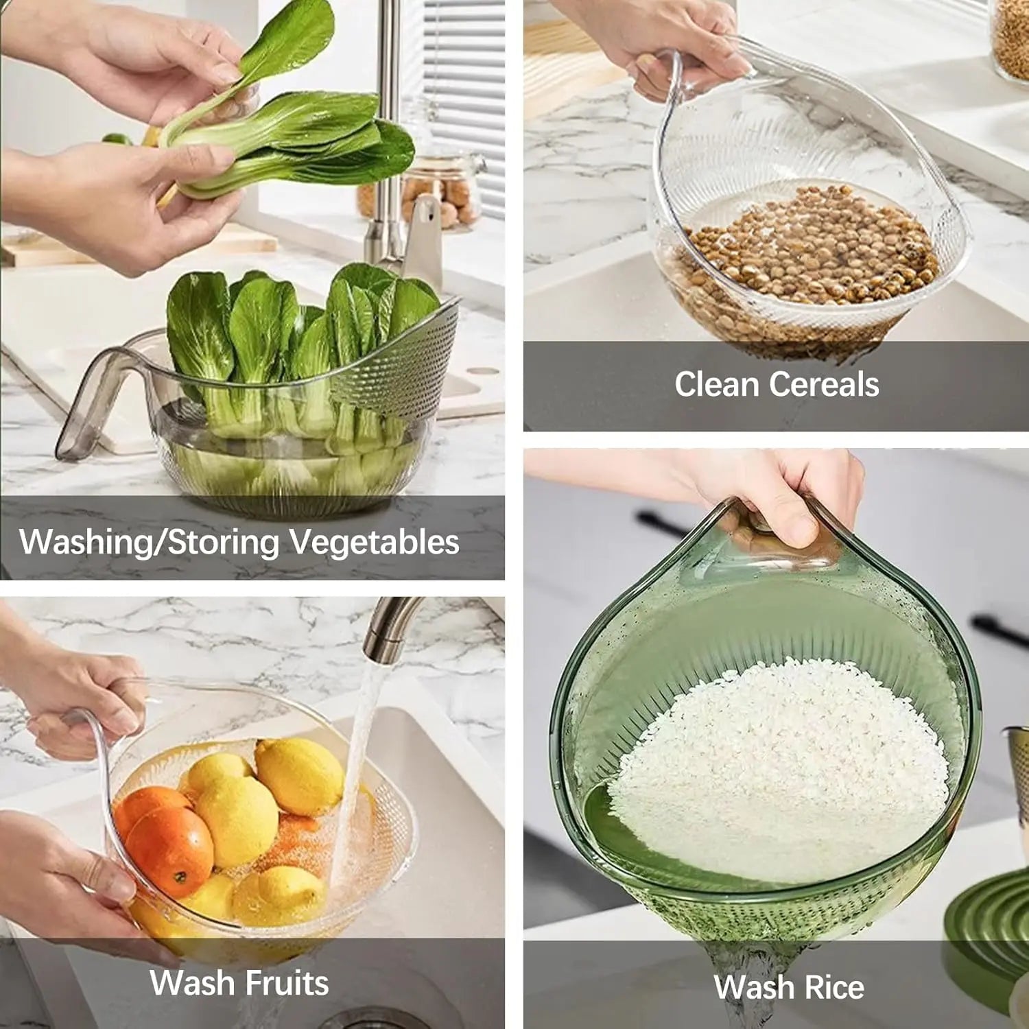 Aesthetic Silicone Basket Rice Strainer with Handle - Durable BPA-Free Transparent Plastic Kitchen Colander for Draining Vegetables and Fruits, 9.61" L × 3.28" W × 4.26" H, 7.5 Oz, Multifunctional Kitchen Utensil