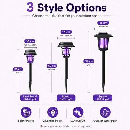 Solar-Powered Mosquito Zapper Light - Outdoor Garden Stake Lamp with UV Insect Control and Pathway Lighting, Weather-Resistant, Easy to Install, Available in Round and Square Designs