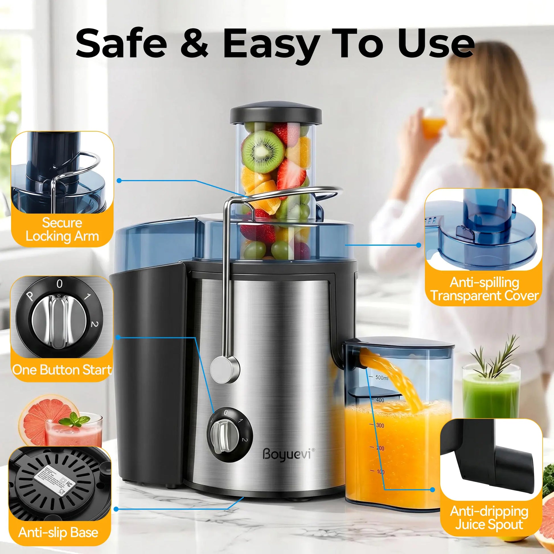 BOYUEVI 800W Centrifugal Fruit Juice Extractor - BPA-Free Juicer with 3" Wide Feed Chute, 30Oz Jug, Easy Clean Design, Auto-Cut Off Feature, No Pre-Cutting Required, Quick Fresh Juice Production