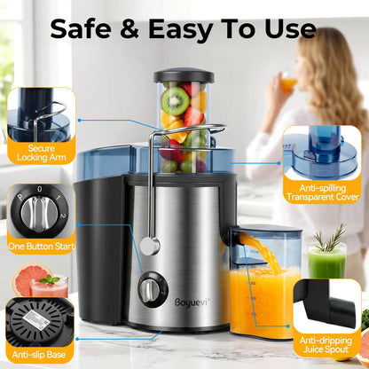BOYUEVI 800W Centrifugal Fruit Juice Extractor - BPA-Free Juicer with 3" Wide Feed Chute, 30Oz Jug, Easy Clean Design, Auto-Cut Off Feature, No Pre-Cutting Required, Quick Fresh Juice Production