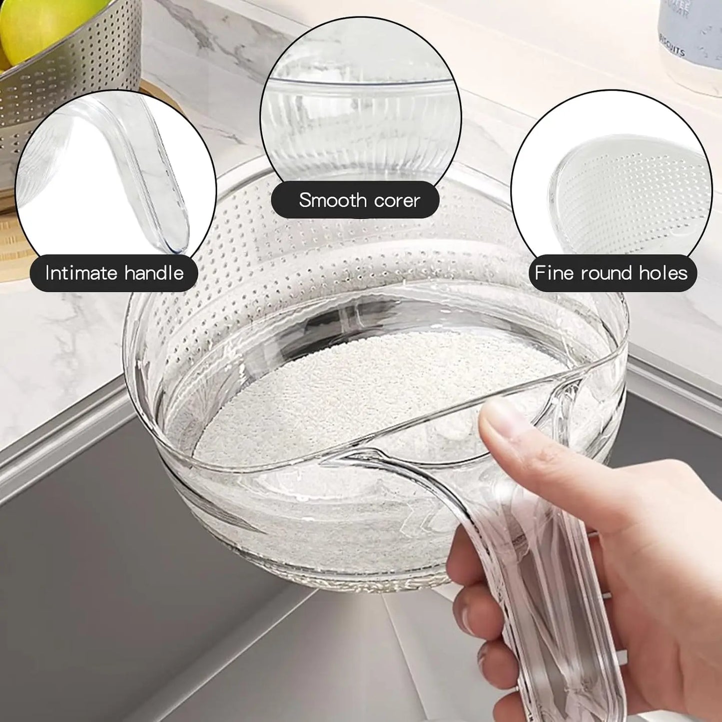 Aesthetic Silicone Basket Rice Strainer with Handle - Durable BPA-Free Transparent Plastic Kitchen Colander for Draining Vegetables and Fruits, 9.61" L × 3.28" W × 4.26" H, 7.5 Oz, Multifunctional Kitchen Utensil
