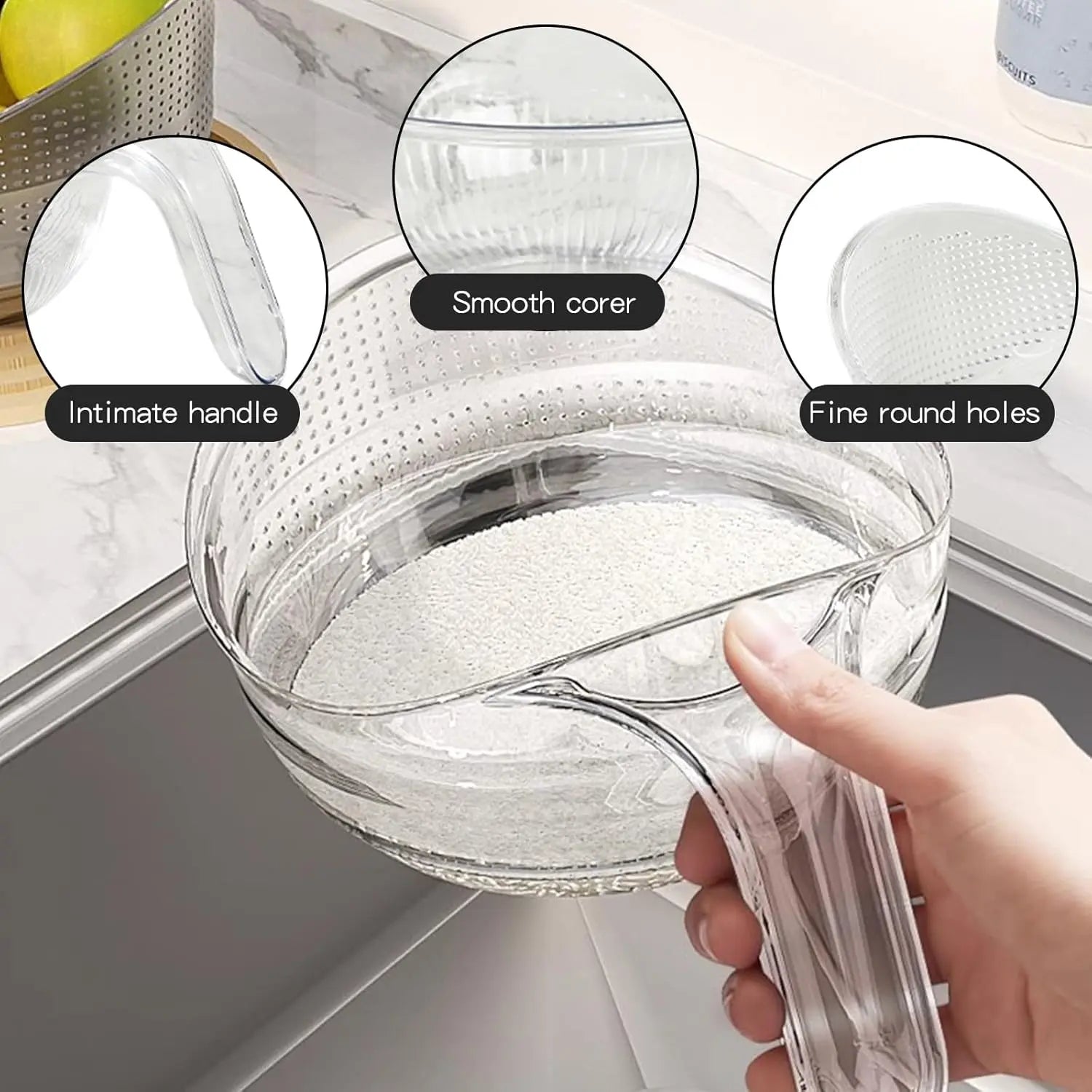 Aesthetic Silicone Basket Rice Strainer with Handle - Durable BPA-Free Transparent Plastic Kitchen Colander for Draining Vegetables and Fruits, 9.61" L × 3.28" W × 4.26" H, 7.5 Oz, Multifunctional Kitchen Utensil