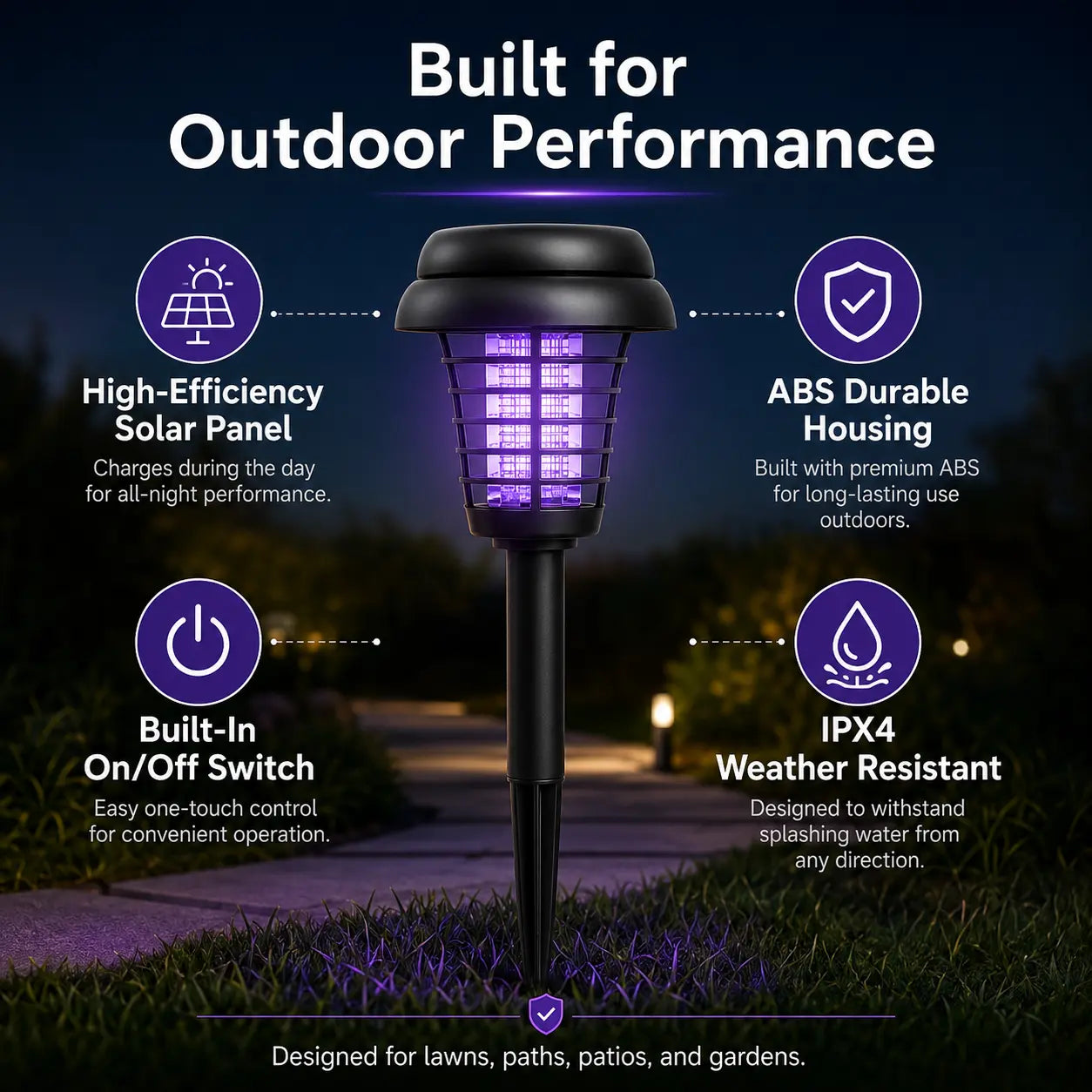 Solar-Powered Mosquito Zapper Light - Outdoor Garden Stake Lamp with UV Insect Control and Pathway Lighting, Weather-Resistant, Easy to Install, Available in Round and Square Designs