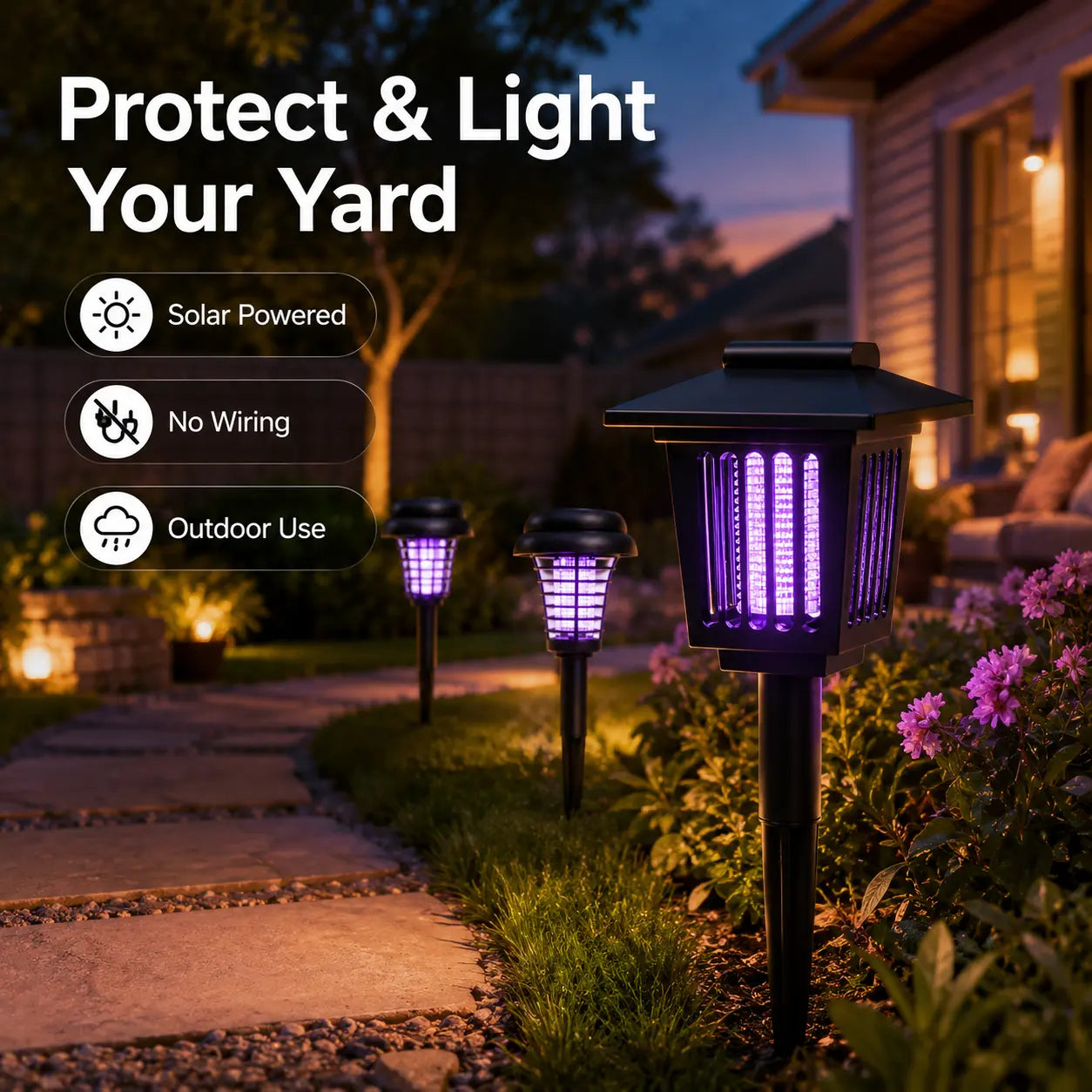 Solar-Powered Mosquito Zapper Light - Outdoor Garden Stake Lamp with UV Insect Control and Pathway Lighting, Weather-Resistant, Easy to Install, Available in Round and Square Designs